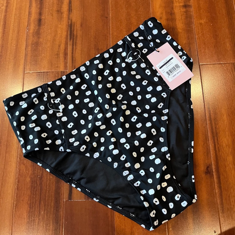 Juicy Couture Bikini Bottom Swim Polka Dot Black White High Waisted New Size L